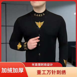 宏嫩男装高端轻奢重工刺绣卫衣秋冬男士加绒打底衫半高领休闲上衣