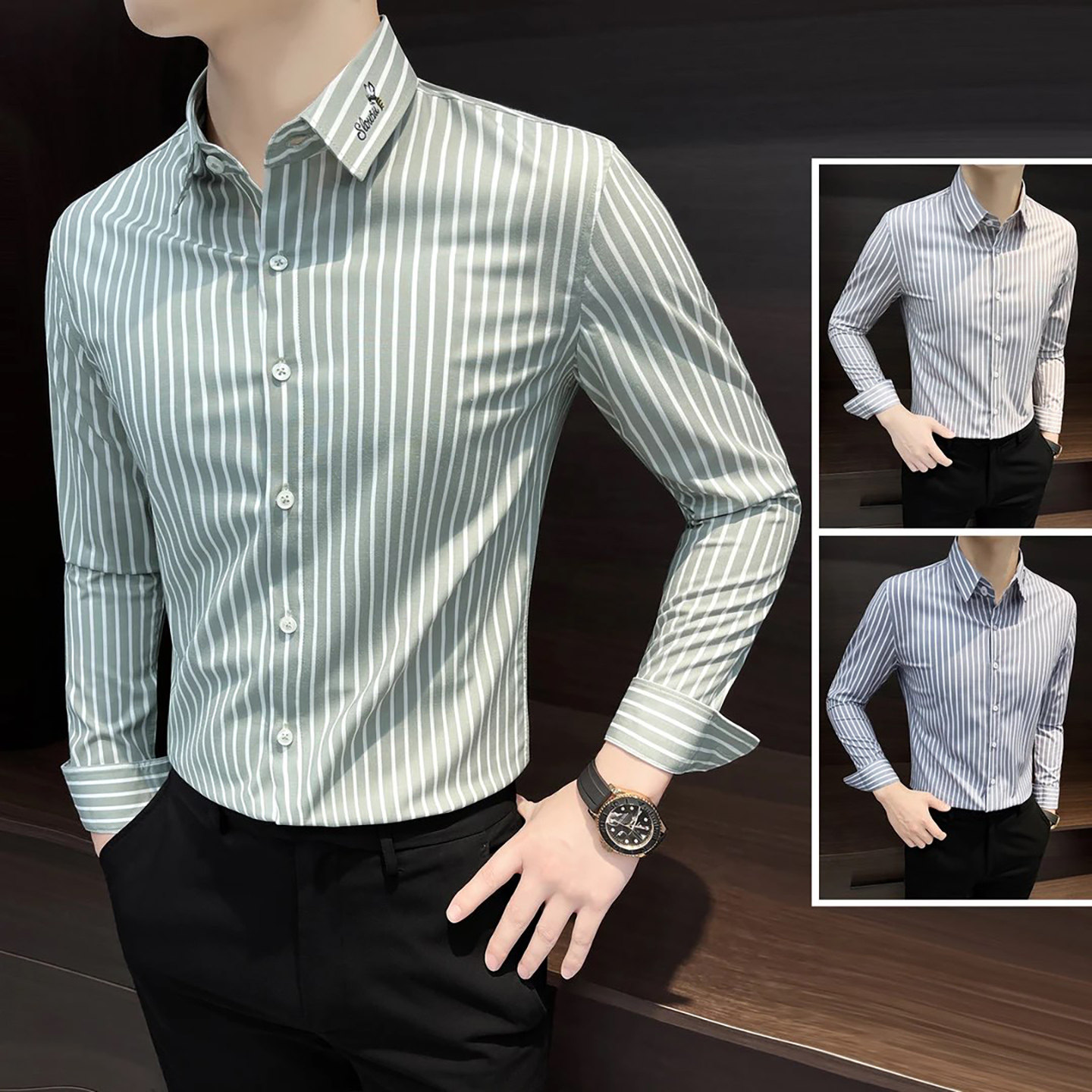 宏嫩男装总裁高奢条纹长袖衬衫2026新款春秋男士商务免烫翻领衬衣