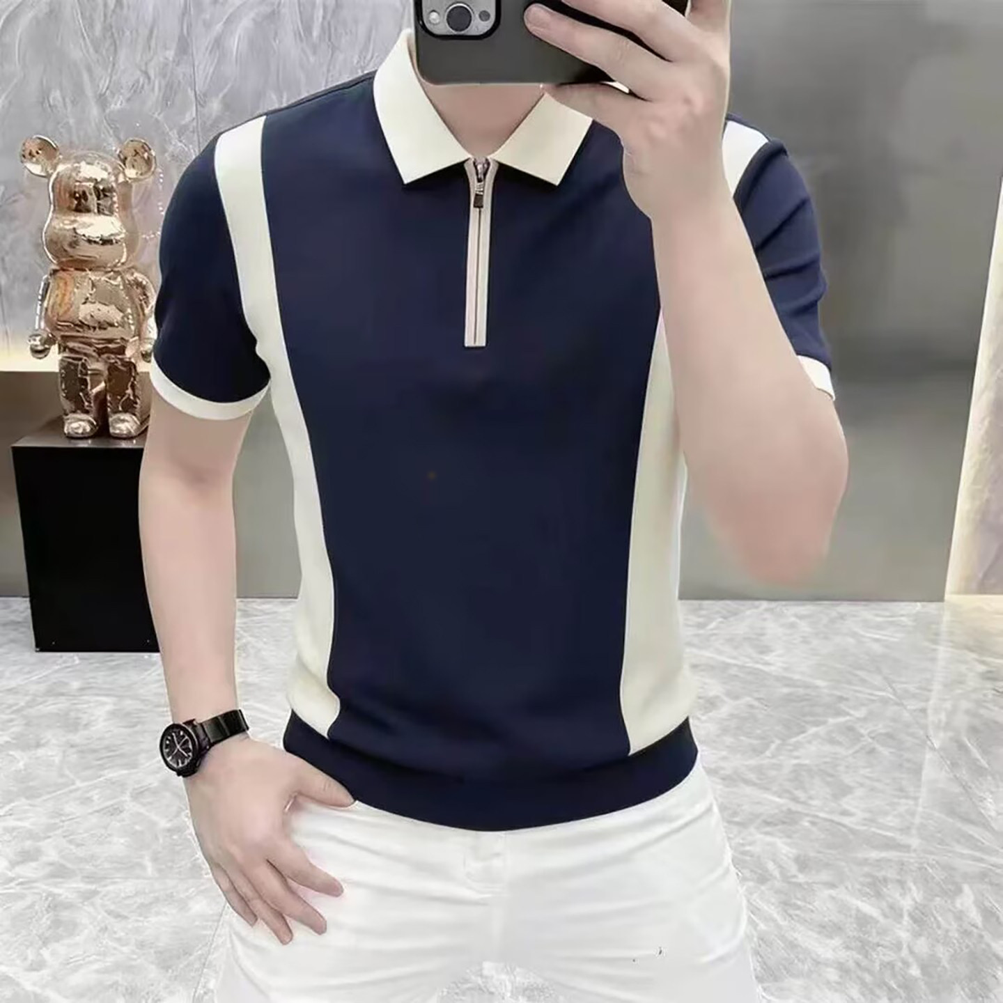 宏嫩男装高奢老钱风翻领冰丝POLO衫夏季男士半拉链潮流时尚体恤衫