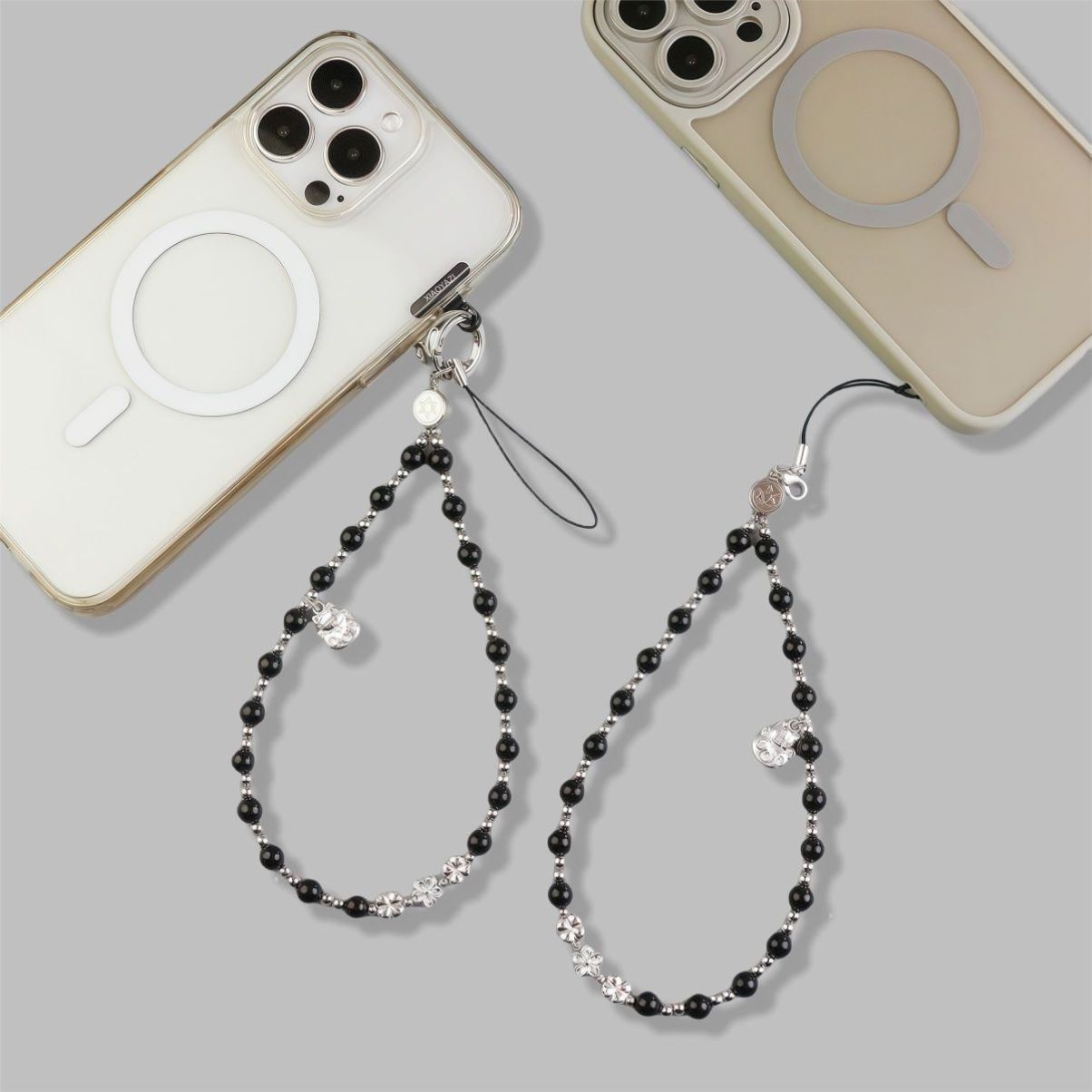幸运四叶草黑色珍珠手机链女士高端手腕手机挂链水晶串珠手机挂绳
