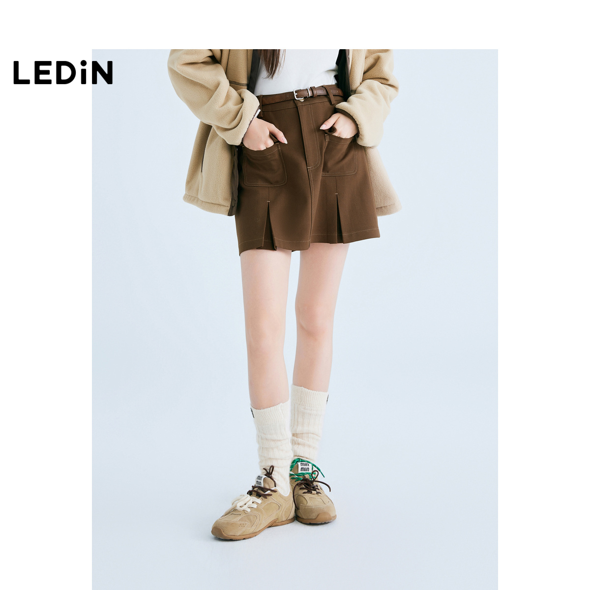 【商场同款】乐町双袋对褶A字裙25秋季新款深棕色半身裙C2GEF1103