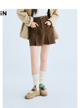 【商场同款】乐町双袋对褶A字裙25春季新款深棕色半身裙C2GEF1103