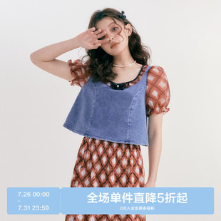 少女鬼马 断码 清仓 乐町甜美拼接宽松上衣格纹方领牛仔纱雪纺衫