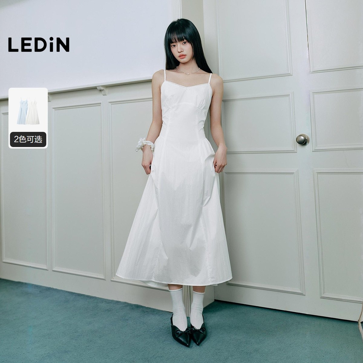 乐町棉锦微皱衬衫料吊带连衣裙女2025年夏季新款领口精致花边裙子,女装/女士精品,连衣裙,淘宝优惠券,粉丝福利购,淘宝优惠卷