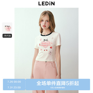 內(nèi)搭短袖 柔軟舒適修身 樂町甜美少女撞色胸前滿印T恤早春新款
