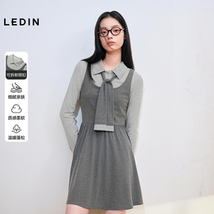 乐町假两件撞色条纹收腰连衣裙女装2026年春季新款可拆卸绑带裙子