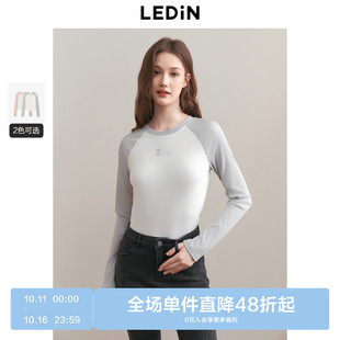 修身 乐町千金少女感插肩袖 新款 T恤2025春季 显瘦上衣 撞色印花长袖
