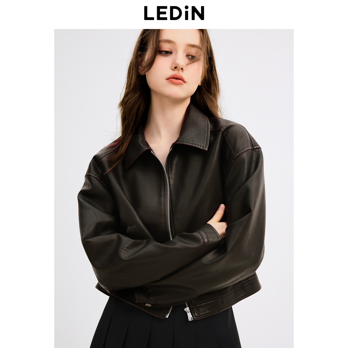 乐町韩系学院风秋季新款褶皱设计感洗水PU皮衣短款夹克外套