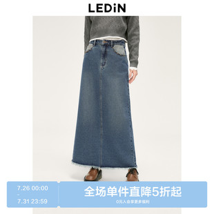 饰半身裙 断码 清仓 乐町水洗牛仔长裙女秋冬后片开叉显瘦铆钉装