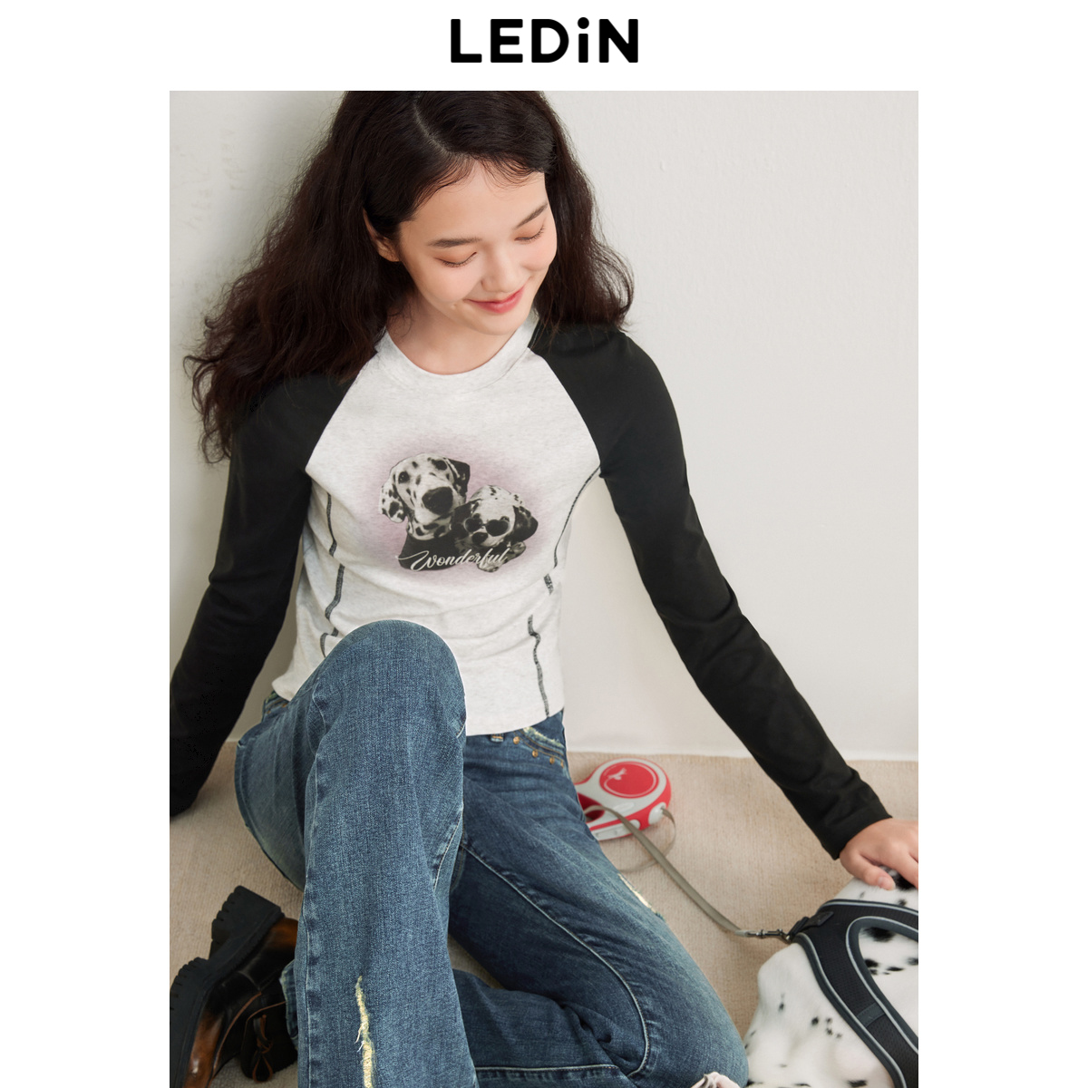 乐町美式复古风秋季新款撞色插肩袖斑点狗印花修身长袖T恤