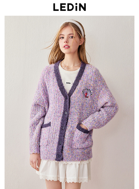 乐町拼色V领线开衫春新款紫色毛针织女C2EDE10