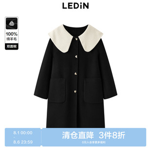 甜美黑色大衣C1AAD4240 反季 清仓 乐町娃娃领毛呢外套冬季
