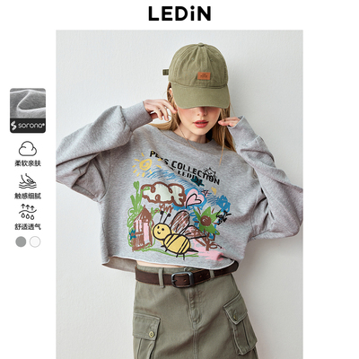 乐町涂鸦短款卫衣春季新款正肩圆领长袖上衣女大图案宽松卫衣