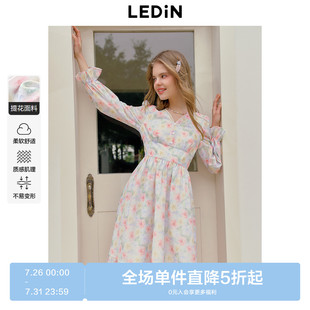 乐町精致V领长款 飘逸连衣裙 碎花裙春新款 甜美浪漫约会裙长袖