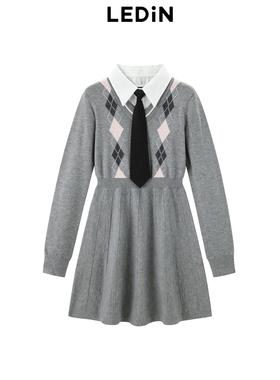 【商场同款】乐町学院风假两件连衣裙冬新款菱格针织裙C2FAE4320
