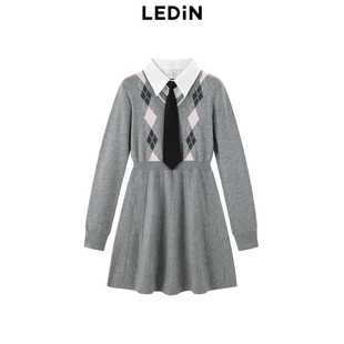 菱格针织裙C2FAE4320 乐町学院风假两件连衣裙冬新款 商场同款