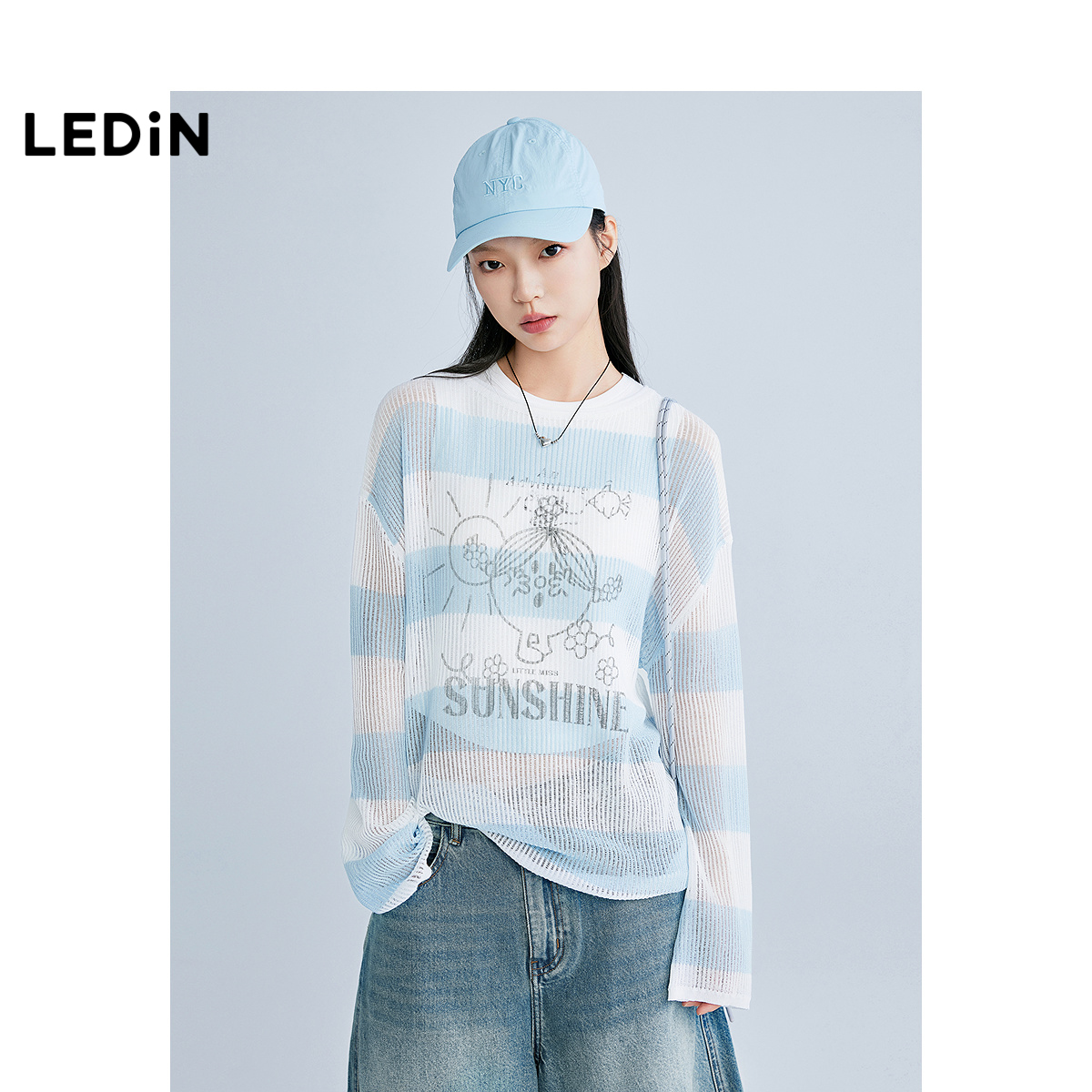 【奇先生妙小姐联名】乐町商场同款条纹镂空宽松长袖T恤C2EEF2130