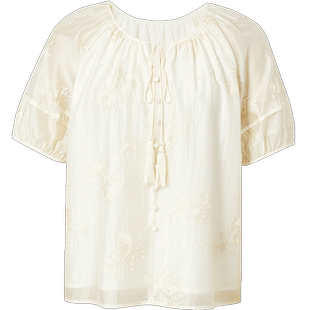 红袖韩系刺绣插肩袖套头上衣hopeshow2024夏新款圆领短袖衬衫女