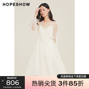 女装 outlets蝴蝶结波点网纱裙hopeshow春季 收腰V领连衣裙 红袖 新款