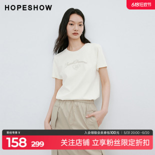 字母印花直身套头T恤hopeshow2024春季 红袖 新款 宽松舒适通勤短袖