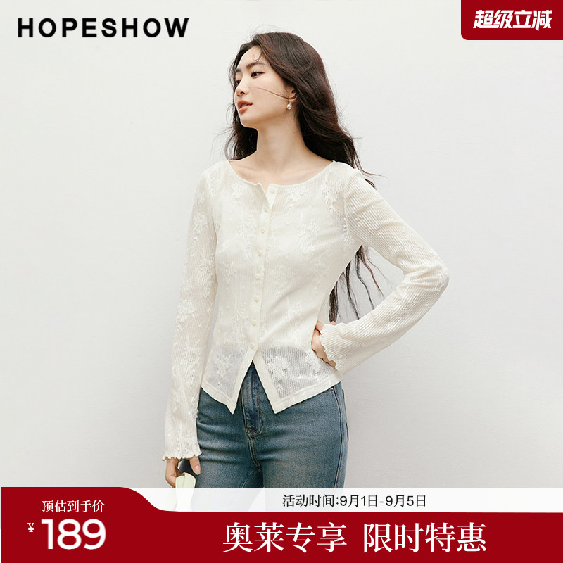 红袖2025秋季新款女装蕾丝绣花木耳边开叉正肩长袖圆领套头上衣