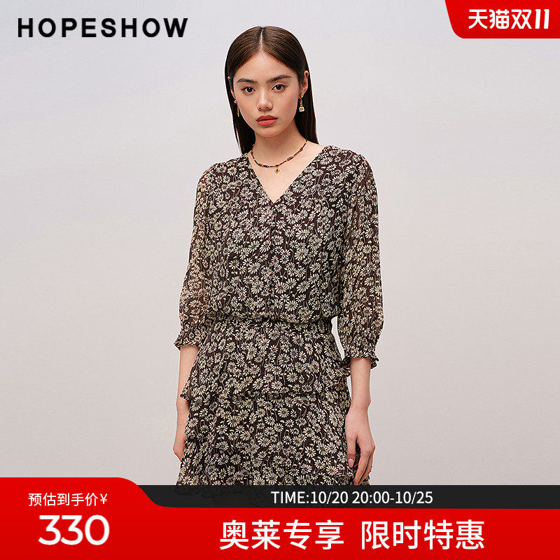 红袖2025秋季新款女装 花卉印花不对称荷叶边拼接中袖V领连衣裙