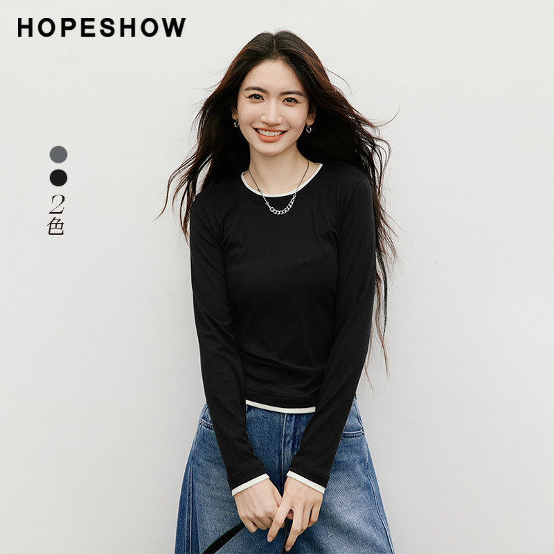 红袖2025秋季新款女装 MIU系假两件撞色拼接正肩长袖圆领套头上衣