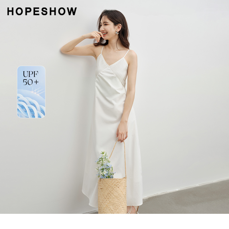 红袖精致收腰显瘦吊带长裙hopeshow2024夏新款法式V领气质连衣裙