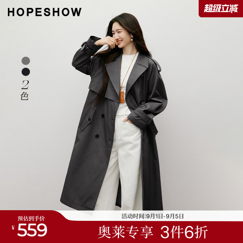 红袖2025秋季新款女装 系带双排扣插肩袖翻驳领中长风衣外套图片