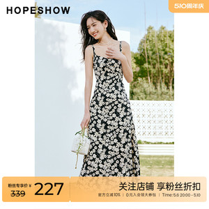 红袖outlets碎花连衣裙hopeshow2023夏季新款女装收腰雪纺吊带裙