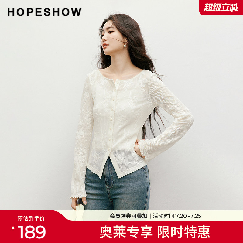 红袖2025秋季新款女装蕾丝绣花木耳边开叉正肩长袖圆领套头上衣