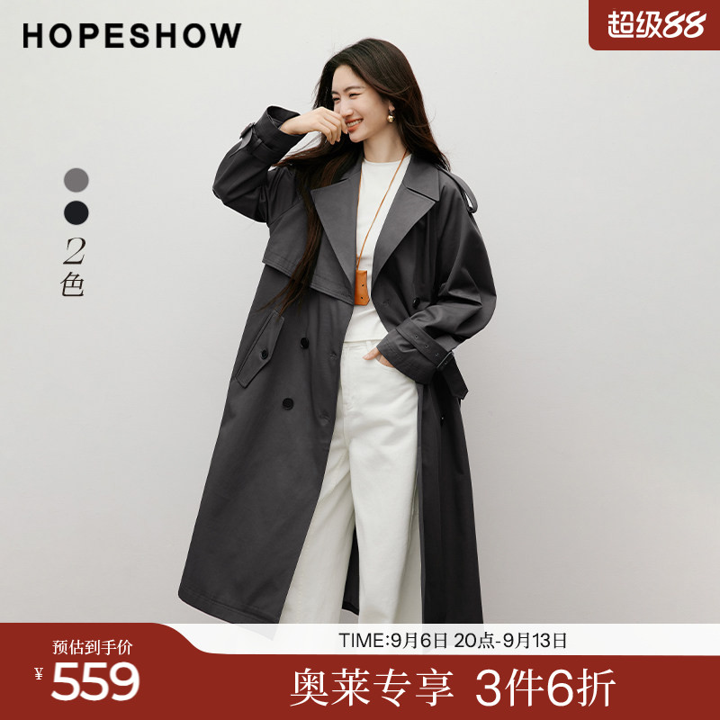 红袖2025秋季新款女装 系带双排扣插肩袖翻驳领中长风衣外套图片