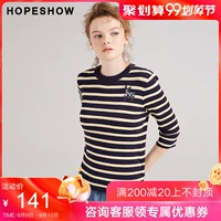 Hopeshow áo len đỏ tay mùa xuân mới của phụ nữ sọc bảy điểm tay áo cổ tròn áo len nữ - Áo / áo thun áo nữ cao cấp