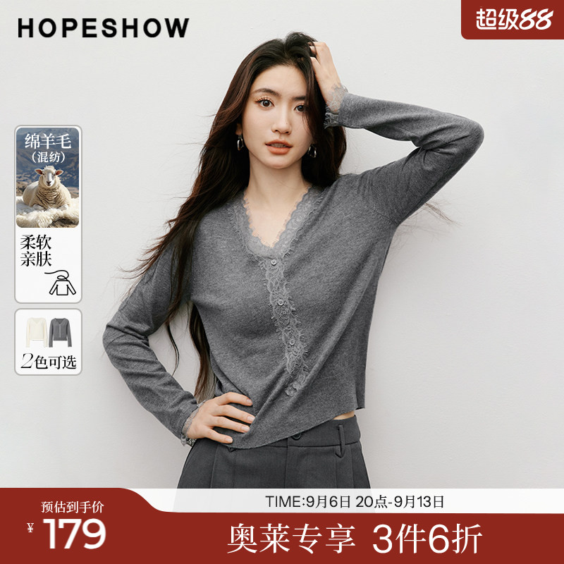 红袖2025秋季新款女装 Y字睫毛蕾丝拼接正肩长袖V领短款针织上衣