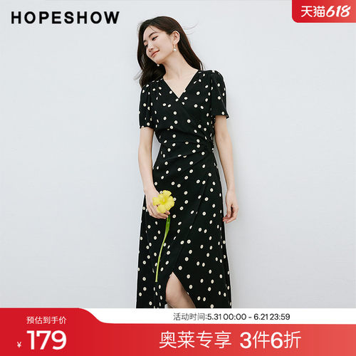 红袖波点泡泡袖V领连衣裙hopeshow2024夏季新款收腰显瘦套头裙子