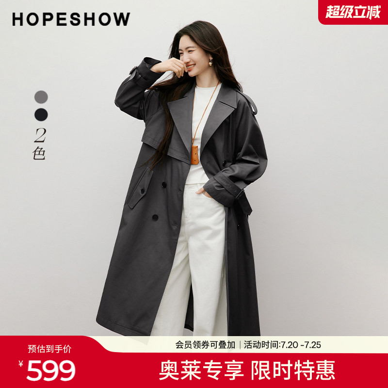 红袖2025秋季新款女装 系带双排扣插肩袖翻驳领中长风衣外套