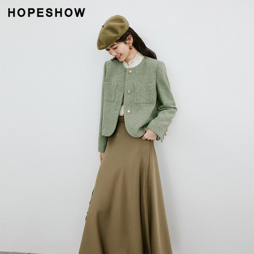 红袖千金风圆领短款外套hopeshow2024春季新款高级感香风上衣女