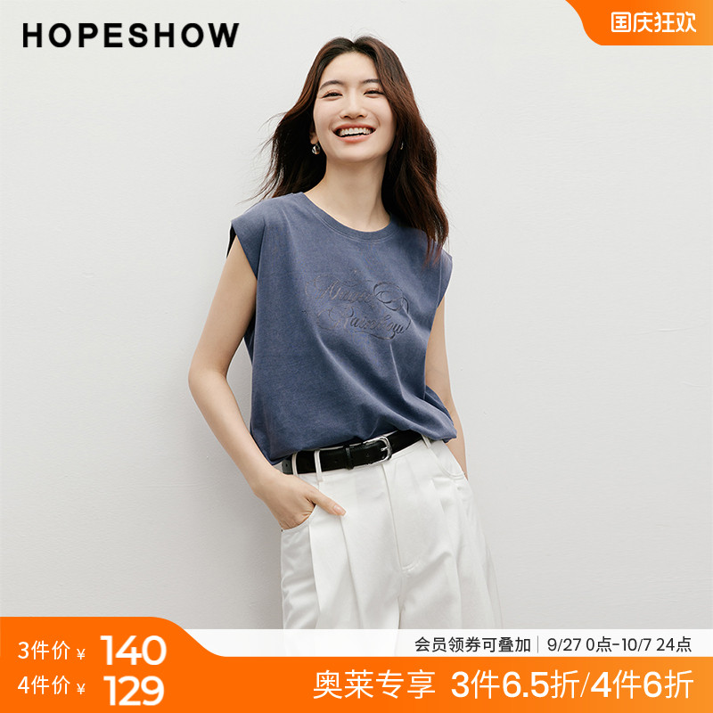 红袖设计感做旧印花无袖上衣hopeshow2024秋新款圆领套头宽肩T恤