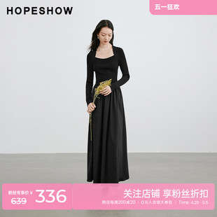 新款 红袖 拼接收腰套头连衣裙hopeshow2024春季 翻领修身 时尚 小黑裙