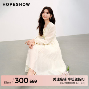 收腰套头连衣裙hopeshow2024春季 新款 泡泡袖 红袖 V领淑女茶歇裙女