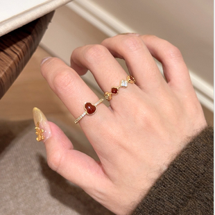 红色葫芦四叶草花朵食指戒指秋冬小众设计感高级感爆款