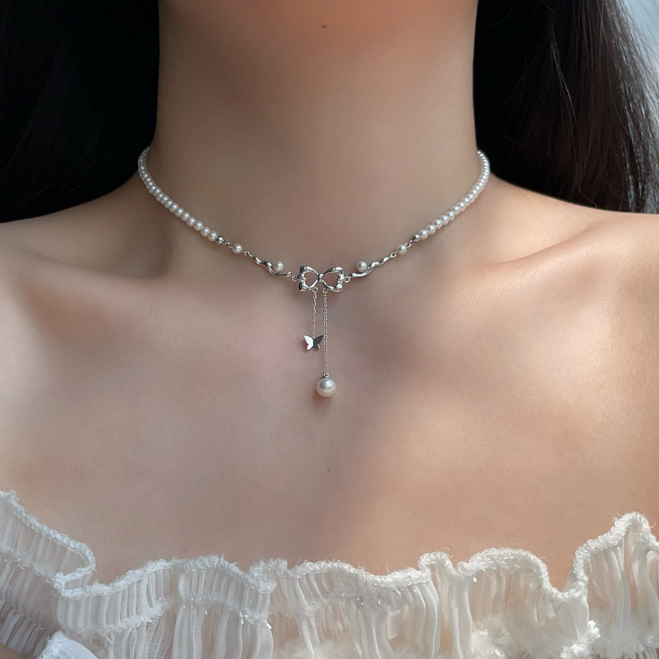 不掉色蝴蝶结项珠珠链女轻奢小众设计感精致锁骨链高级颈链女生