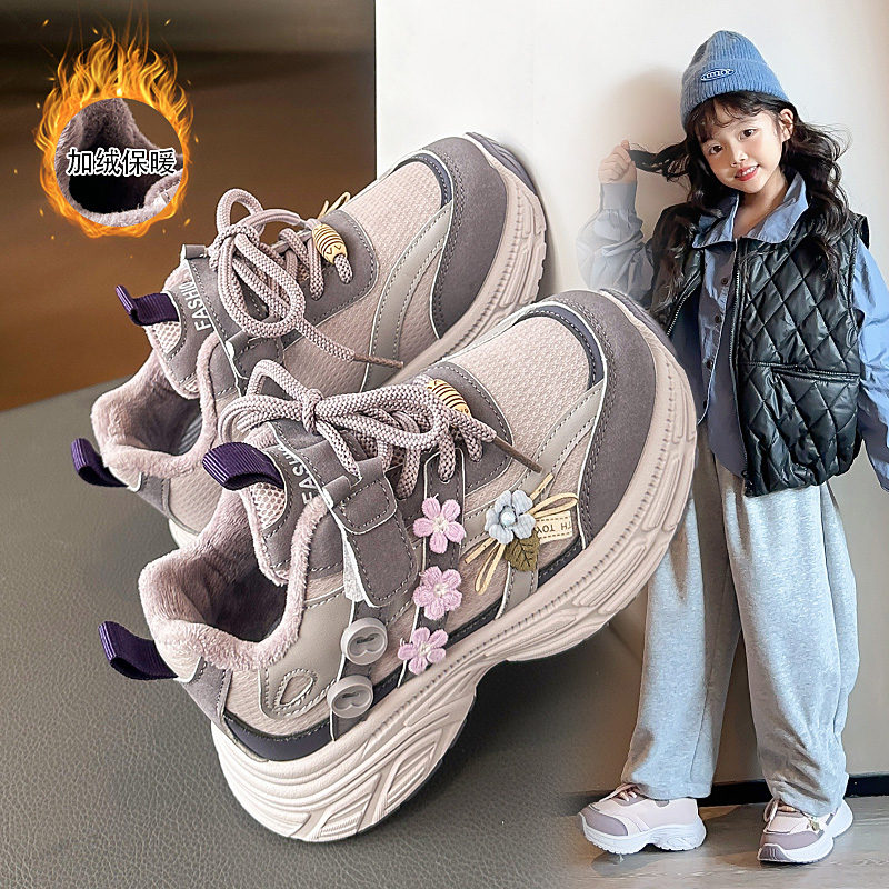 女童运动鞋2025秋冬新款加绒保暖粉色儿童老爹鞋防滑软底跑步鞋潮