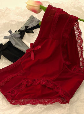 纯欲无痕红色冰丝性感蕾丝低腰诱惑内裤三角裤少女蝴蝶结本命年女