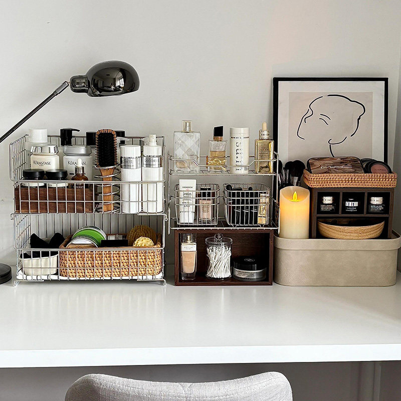 极简风不锈钢化妆品收纳层架桌面ins铁艺篮置物架护肤品面膜整理