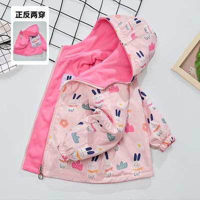 女童风衣外套双面穿2025新款中大童加绒夹克冲锋衣儿童装连帽上衣