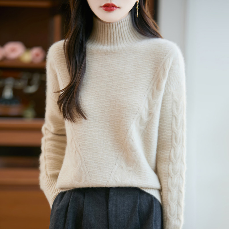 温柔慵懒风高领麻花针织衫女100羊毛堆堆领保暖打底衫