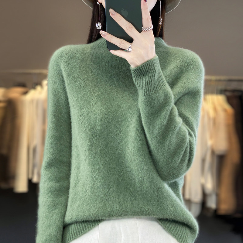 静奢风半高领套头羊毛衫女宽松百搭加厚针织衫绿色长袖上衣