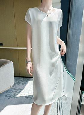 26新款轻奢打底连衣裙长裙优雅亮面性感短袖显瘦气质外穿裙
