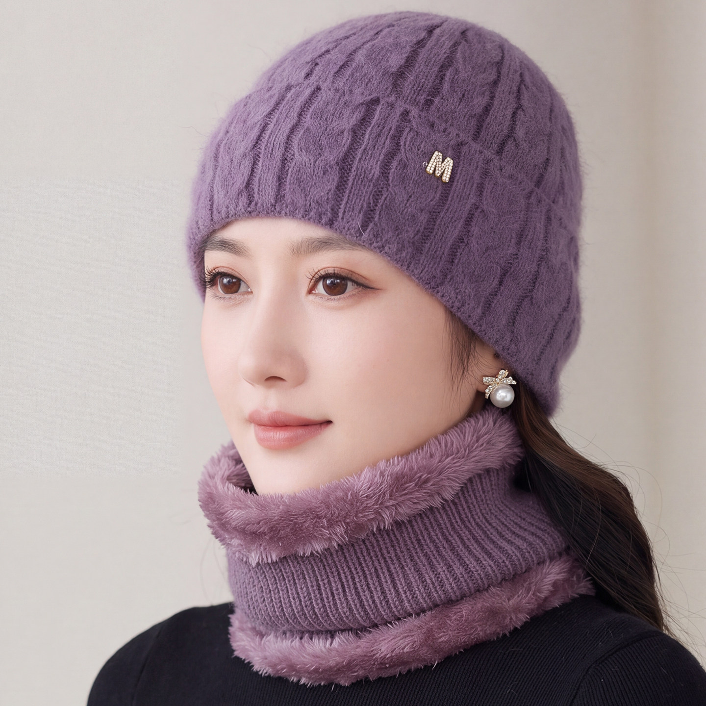 中老年人帽子女冬天妈妈兔毛线加绒厚保暖套头奶奶老太太针织棉帽